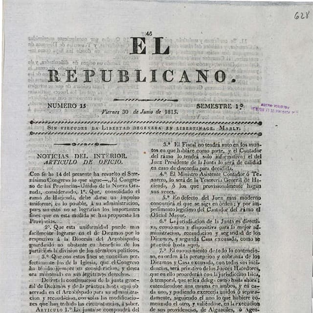 El Republicano de Tunja - 30 Junio 1815 N°15