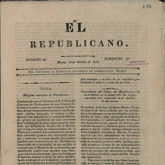 El Republicano de Tunja - 10 Octubre 1815 N°25