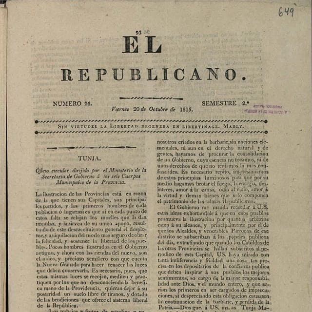 El Republicano de Tunja - 20 Octubre 1815 N°26