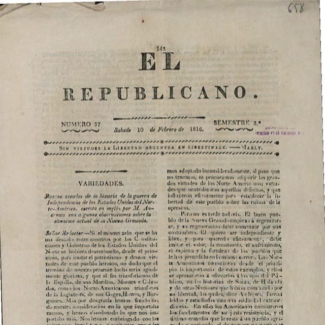 El Republicano de Tunja - 10 Febrero 1816 N°37